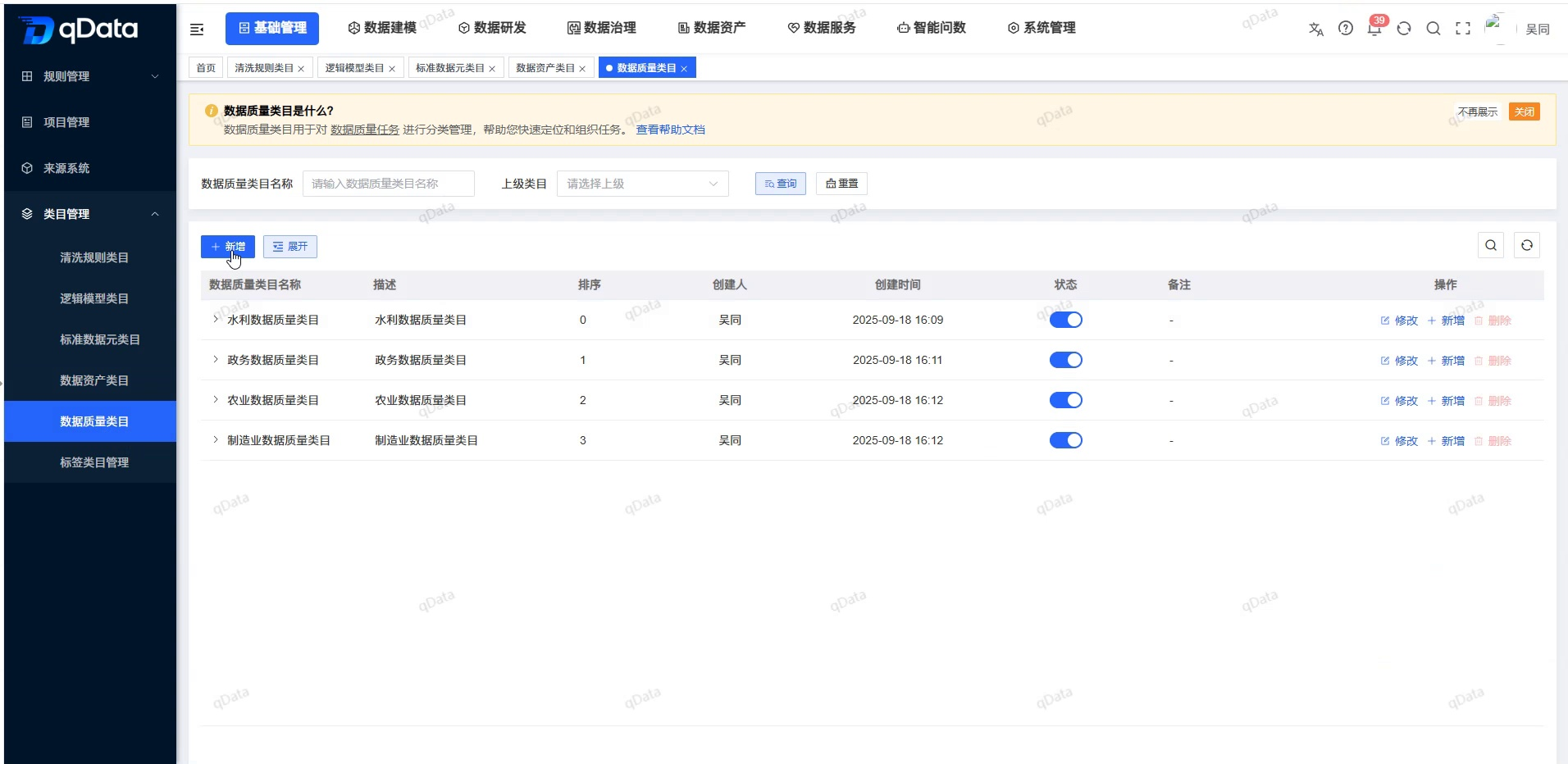 数据质量类目页面总览