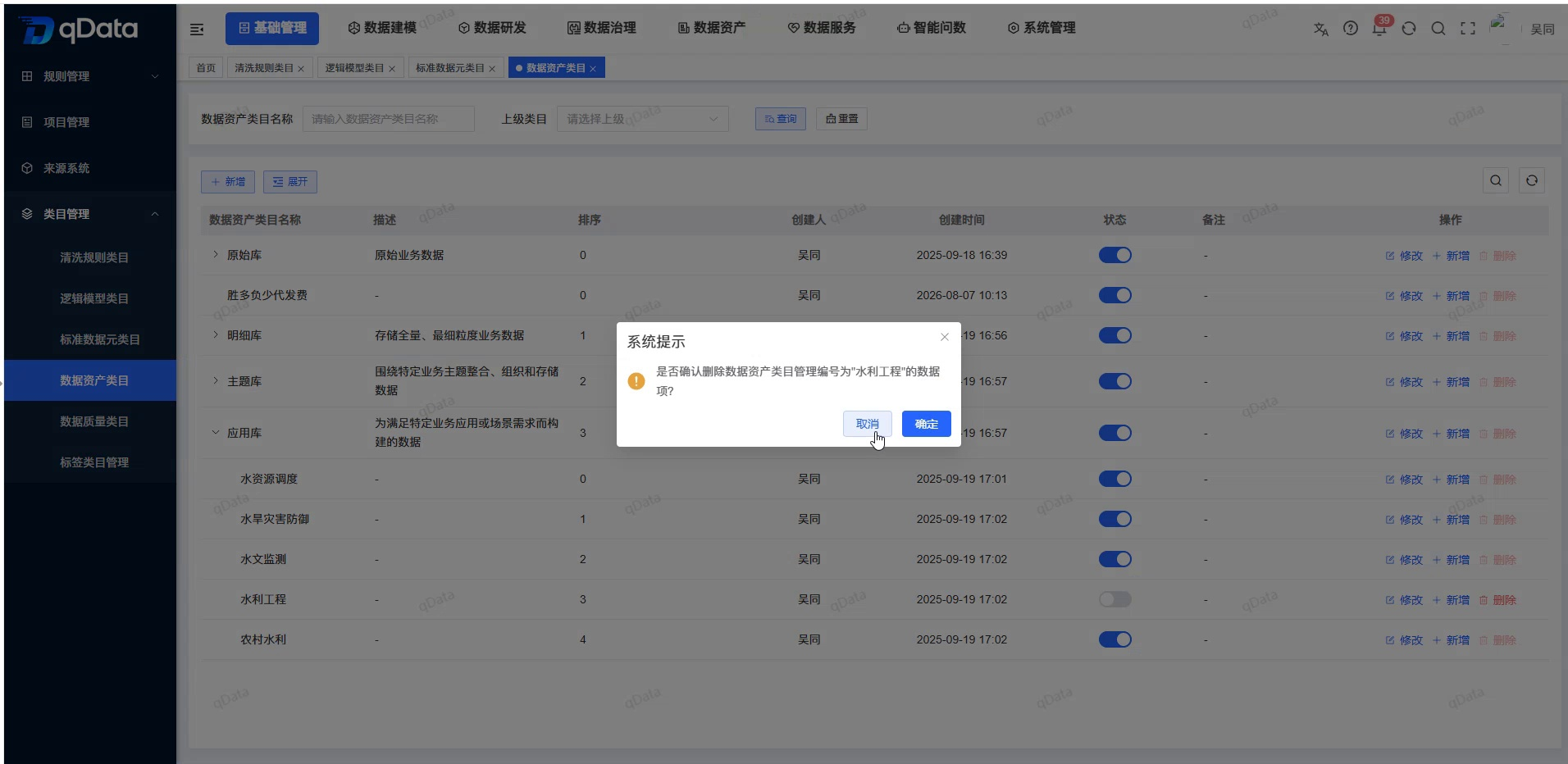 删除数据资产类目