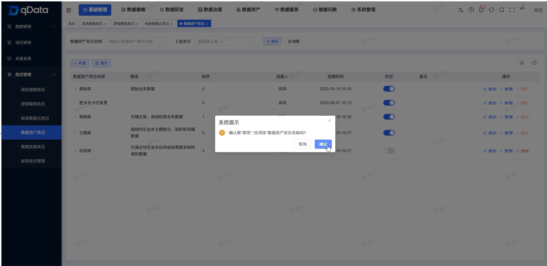 启用禁用数据资产类目