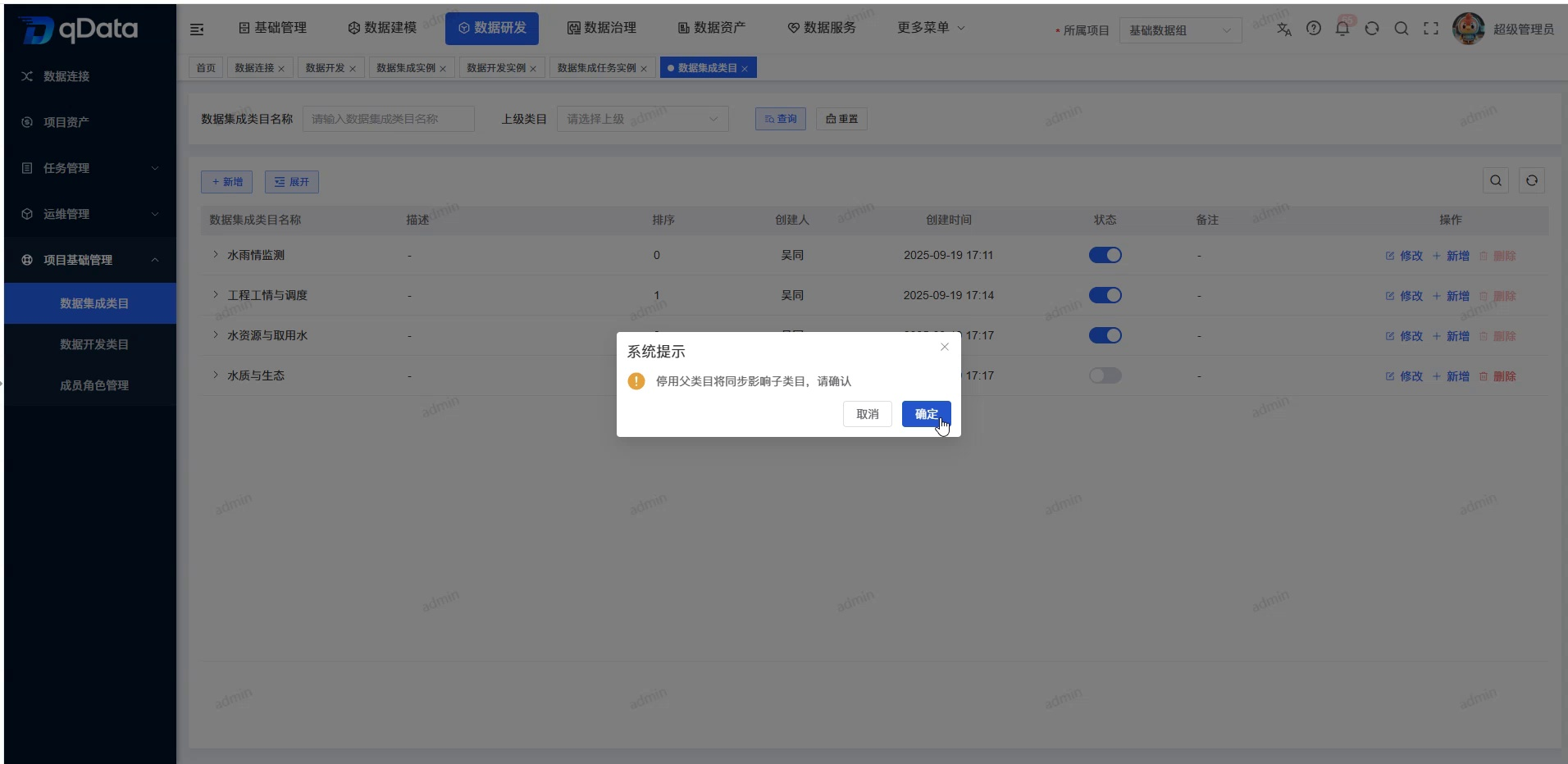 启用禁用数据集成类目