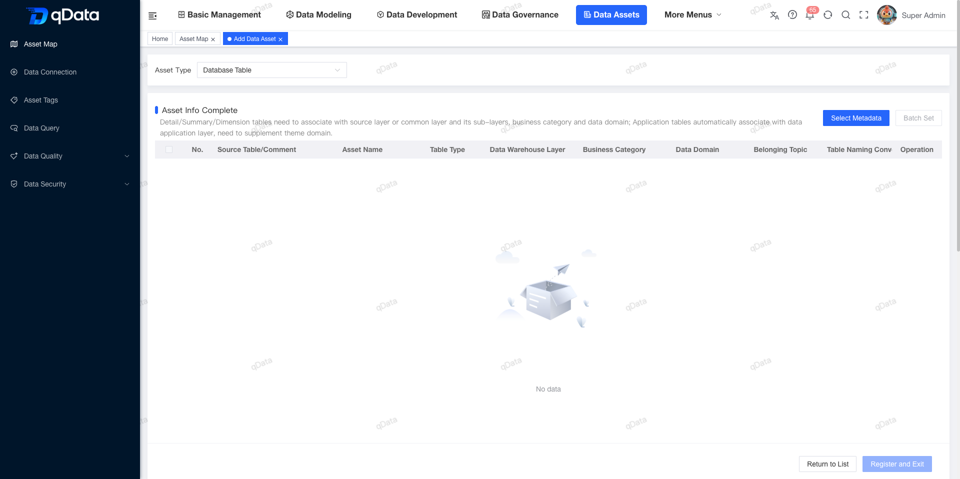 Database-table asset registration form