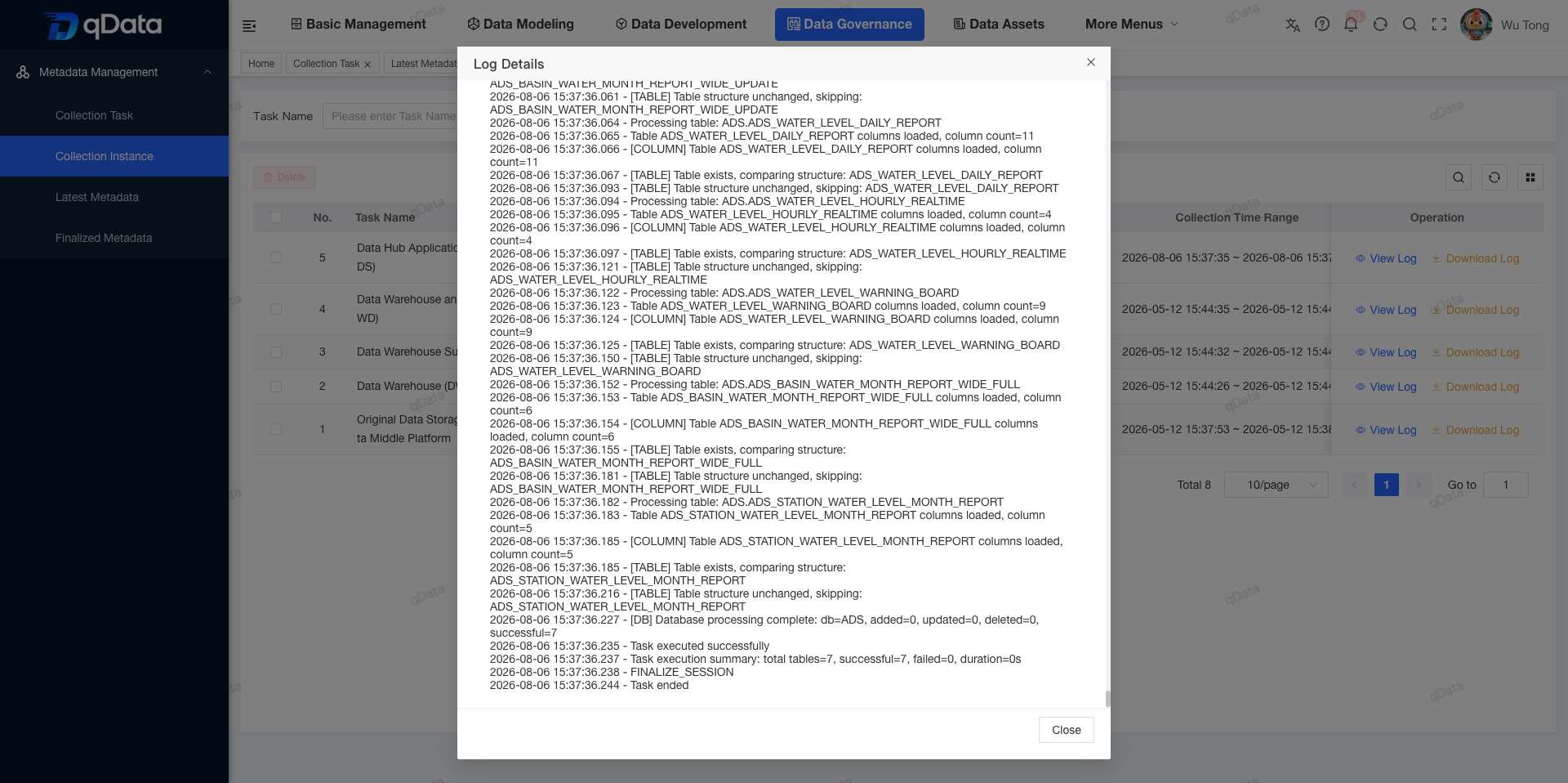 Metadata collection run log
